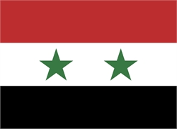 [ai] The national flag of Syria features three horizontal stripes: red at the top, white in the middle with two green stars, and black at the bottom.